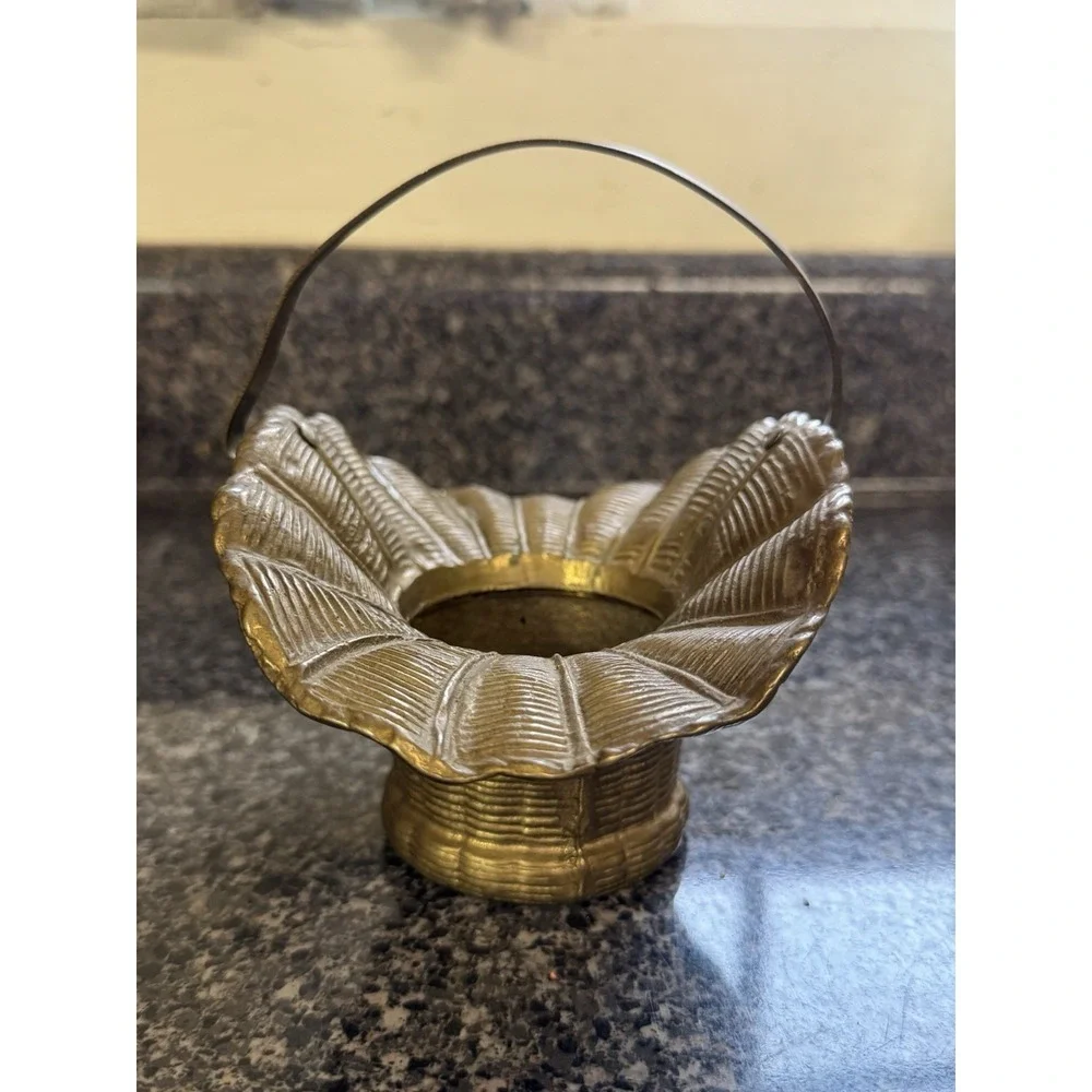 Vintage Brass‎ Basket with handle  Round Base